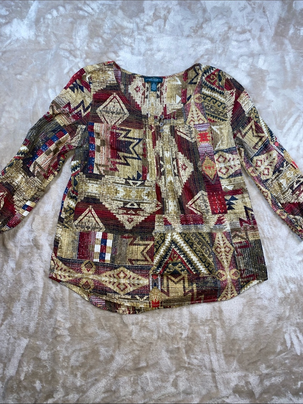 Lauren Ralph Lauren Aztec Western Multicolor Geometric Patchwork Blouse